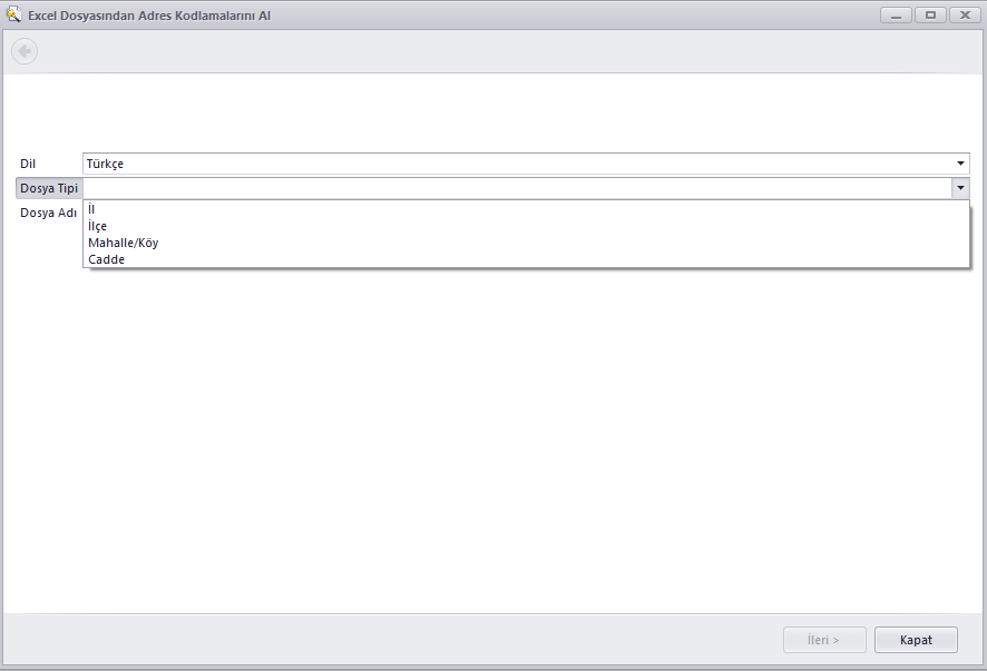 İl, İlçe, Mahalle / Köy ve Cadde kod ve isimlerinin excel dosyası ile veri tabanına işlenebilmesi için Excel Dosyasından Adres Kodlamalarını Al programı eklendi. 14