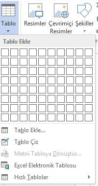 MS Word 2013 Tablolar ile Çalışmak (Yaratmak ve Biçimlendirmek): Ekle (Insert) menüsündeki Tablolar (Tables) bölümünden Tablo (Table) düğmesi tıklanır.