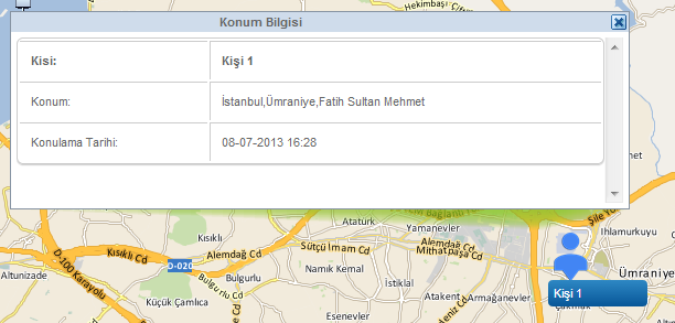 son konum noktası harita üzerinde kişi ismi ve işaretçisi ile gösterilir. İşaretçisine tıklandığında, son konum bilgisini detaylı olarak gösteren aşağıdaki pencere açılır.