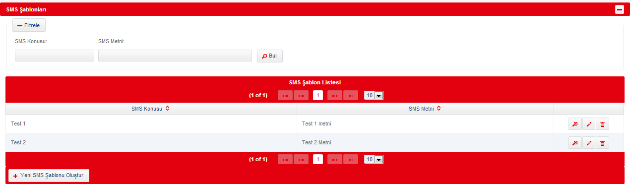 6.4 SMS Şablonları SMS Şablonları menüsünde var olan SMS şablonları listelenmektedir. SMS şablonları, görüntülenebilir, düzenlenebilir ya da silinebilir.