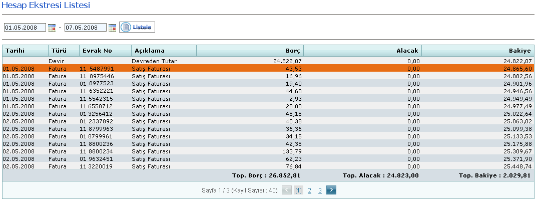 Finansal Bilgiler : Hesap Extresi : Belirttiğiniz tarih aralığındaki hesap extresini alabilirsiniz. Lütfen tarih seçimini yaptıktan sonra seçeneğini seçiniz.