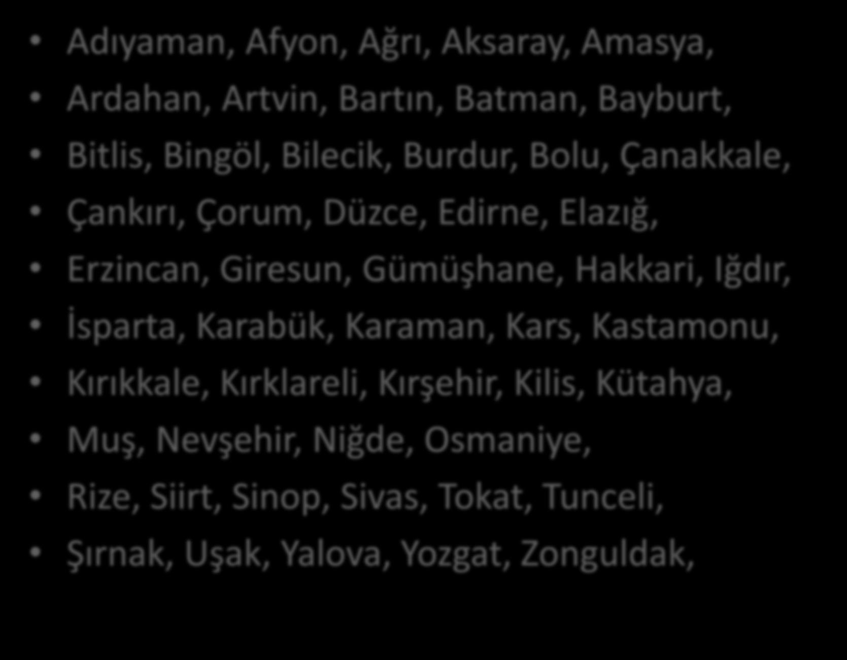 51 İL NORMAL Adıyaman, Afyon, Ağrı, Aksaray, Amasya, Ardahan, Artvin, Bartın, Batman, Bayburt, Bitlis, Bingöl, Bilecik, Burdur, Bolu, Çanakkale, Çankırı, Çorum, Düzce, Edirne, Elazığ, Erzincan,