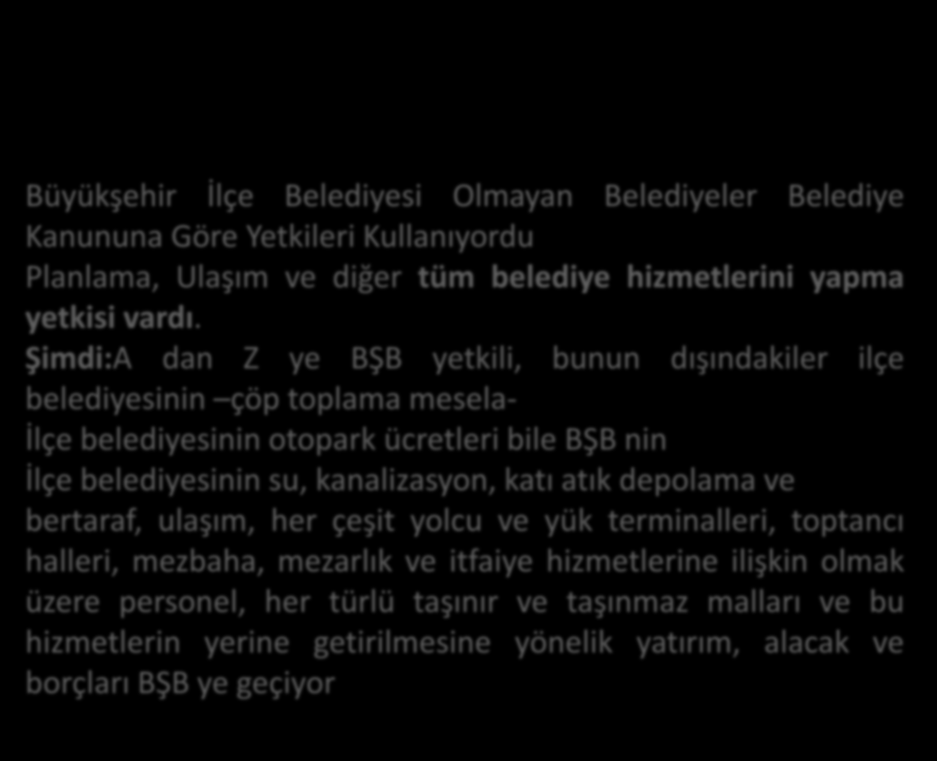 30 BÜYÜKŞEHİRDE TÜM İLÇELER 5216 Büyükşehir İlçe Belediyesi Olmayan Belediyeler Belediye Kanununa Göre Yetkileri Kullanıyordu Planlama, Ulaşım ve diğer tüm belediye hizmetlerini yapma yetkisi vardı.