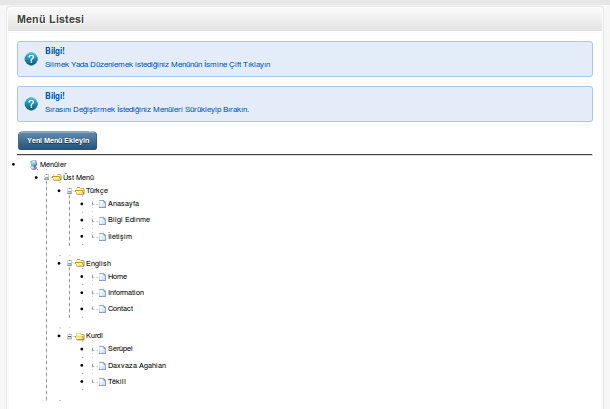MENÜ YÖNETİMİ Koberz Baro Web Sistemi çok dilli olduğundan Menü Yönetimi bütün dillerdeki menülerin yönetildiği tek yerdir.