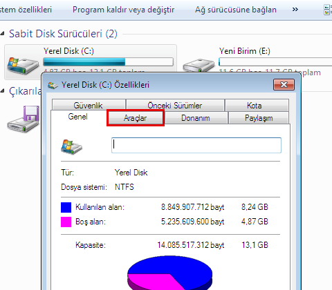 Disk denetleme Ģu Ģekilde yapılmaktadır: Bilgisayar penceresini açarak sürücülerinizi görüntüleyiniz. Denetlemek istediğiniz sürücüyü sağ tıklayınız.