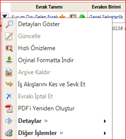 5. Evrak Bilgileri (Ters Üçgen İkonu) Kullanıcı evrak arama sayfasına girdiğinde kendisi ile ilgili evrakları görür.