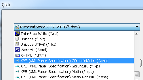 Bölüm 9: Belgelerin Kaydedilmesi Açılır listeden istenen XPS tipini seçin. ihqc sıkıştırmanın XPS metin ve XPS Metin-Görüntü dosyaları için kullanılamadığını unutmayın.
