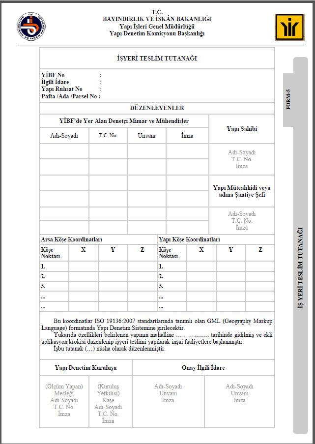 YÖNETMELİK EKLERİ EK-7 FORM 5