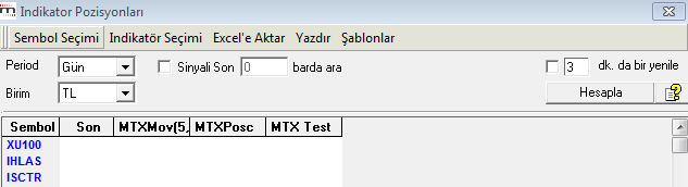 Elinizdeki tanımlı tüm indikatörler orada ama hiçbiri seçili değil. İstediklerinizi önündeki kutucuğa tıklayarak seçiniz.