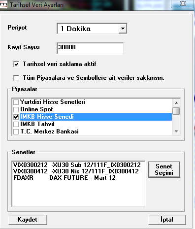 Ayarları menüsünü seçerseniz aşağıda göreceğiniz Tarihsel Veri Ayarları penceresi açılacaktır. Ön tanımlı rakam 30.000 dir.