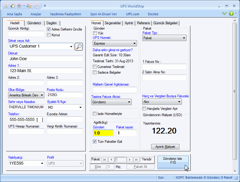 Gönderi Gönderilerin işlenmesi Tek parçalı bir gönderinin işlenmesi 1. Alıcının adresini belirtin. 2. Bir UPS hizmeti seçin. 3. Bir paket tipi seçin. 4. Faturalanacak taraf bilgilerini belirtin. 5.
