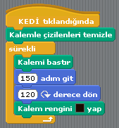 41. 2 ile gösterilen kod bloğu aşağıdakilerden hangisidir? 42. Eğer kodu ve içindeki kod blokları olmasaydı yeşil bayrağa tıklandığında kedi ne tür bir hareket sergilerdi? a) Hareket edemez dururdu.