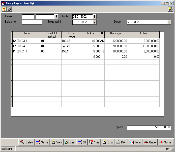 Gider Kodu: Ambar çıkış fişleri sizin için gider teşkil eder. Dolayısı ile, fire amaçlı çıkışı yapılan stokların bedeli muhasebedeki ilgili gider hesaplarında gösterilmelidir.