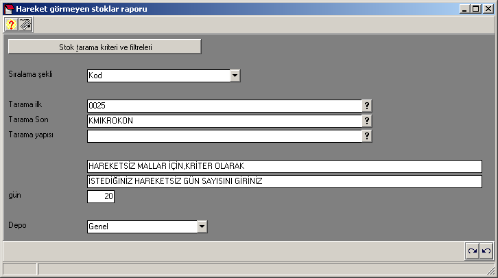Bu ekrandan ilk olarak hareket görmeyen stoklar raporu için taranacak stokların kod aralığı veya kod yapısını girebilirsiniz.