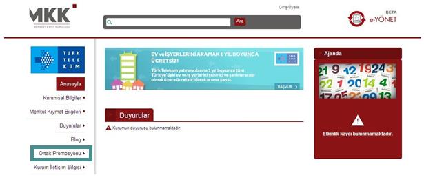 Portal giriş sayfasında sol menüde bulunan Ortak Promosyonu ifadesi üzerine