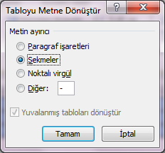 3.1.5.8. Bir tabloyu metine dönüştürmek Bir önceki başlıkta anlatılanları tersine, bir tabloyu metinsel forma dönüştürmek gerekebilir.