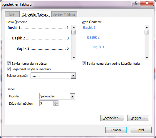 Başlıklar başlık stilleri ile biçimlendirildikten sonra, Başvurular sekmesinde yer alan İçindekiler simgesine tıklatılır. Açılan listeden İçindekiler Tablosu Ekle ifadesi tıklanır.