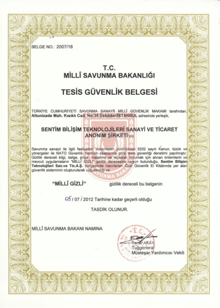 22.12.2012 TESİS GÜVENLİK BELGESİ ÖRNEKLERİ NELERDİR? 9 T.C. MİLLİ SAVUNMA BAKANLIĞI TESİS GÜVENLİK BELGESİ TÜRKİYE CUMHURİYETİ SAVUNMA SANAYİİ MİLLİ GÜVENLİK MAKAMI TARAFINDAN ADRESİNDE YERLEŞİK, A.