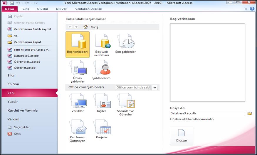 Uygulama Adım 1 Veri tabanı açma Yaptım/Okudum Bir veri tabanı projesine başlarken öncelikle boş bir veri tabanı dosyası açılmalıdır.