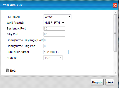 Cihaza web arayüzünden bağlanıp. Ağ Ayarları menüsü altındaki NAT linkine tıklayınız. Açılan sayfada Yeni kural ekle butonuna tıklayınız.