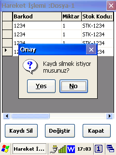 Yukarıdaki ekranda onay penceresinde Yes düğmesi tıklandığında seçili hareket girişi