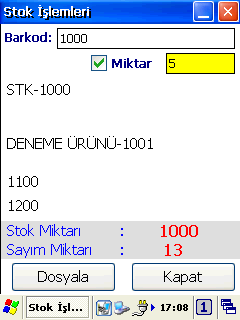 Ürün Sorgulama bölümünde Dosyala düğmesi tıklandığında veritabanına aktarılan ürün bilgilerine ilave olarak Sayım Miktarı bilgisi eklenmiş olarak cihazın