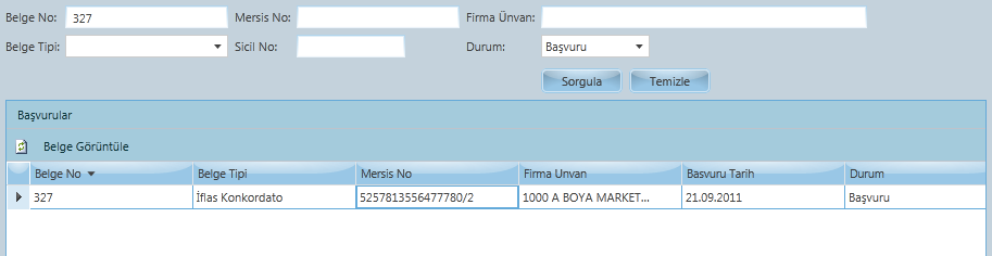 5.1.2. Belge No ya Göre Sorgulama Belge No su bilinen başvuru başvuru, tamamlanmış ve iptal olma durumuna göre sorgu sırasında direkt olarak bulunabilinir.