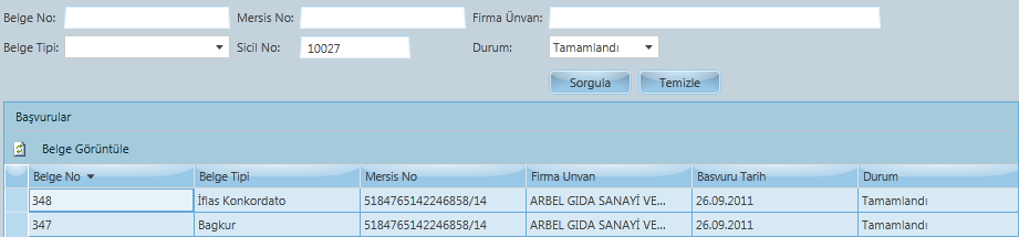 5.1.6. Sicil No ya Göre Sorgulama İstenilen bir firmanın hangi belgeleri aldığını görmek için Sicil No ile de arama yapılabilinir.