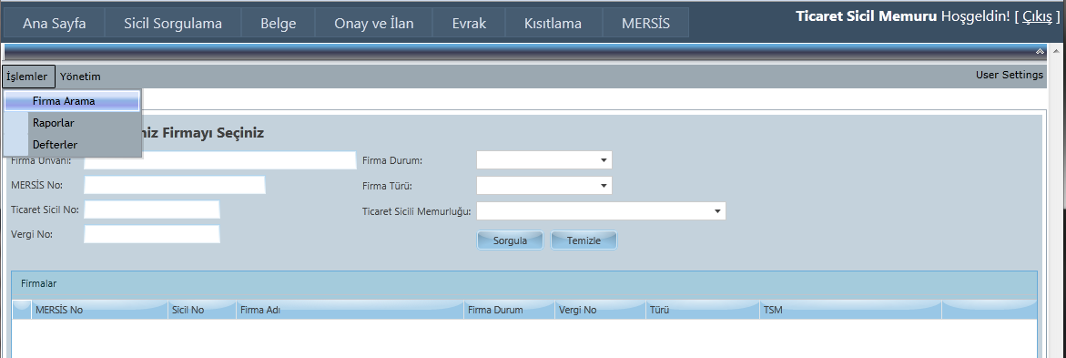 3.1. Firma Arama Ekranı Seçeneklerden Firma Arama tıklandığında aşağıdaki ekran açılır.