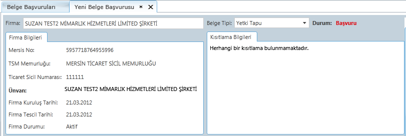 5.3.2. Bağkur Belgesi Bağkur belgesinin oluşturulmasının akışı 4.3. maddesinde anlatılmıştır. 5.3.3. Yetki Tapu Belgesi Yeni Belge Başvuru ekranında belge tipi olarak Yetki Tapu seçilir ve bu belge için gerekli olan bilgilerin doldurulacağı alanlar oluşur.