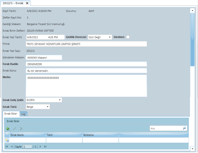 Tamam dugmesine bastiktan sonra evrak gelen evrak listesine eklenir ve asagidaki ekran acilir. Bu ekranda kaydedilen bilgiler mevcuttur ve tekrar uzerinde degisiklik yapilip kaydedilebilinir.