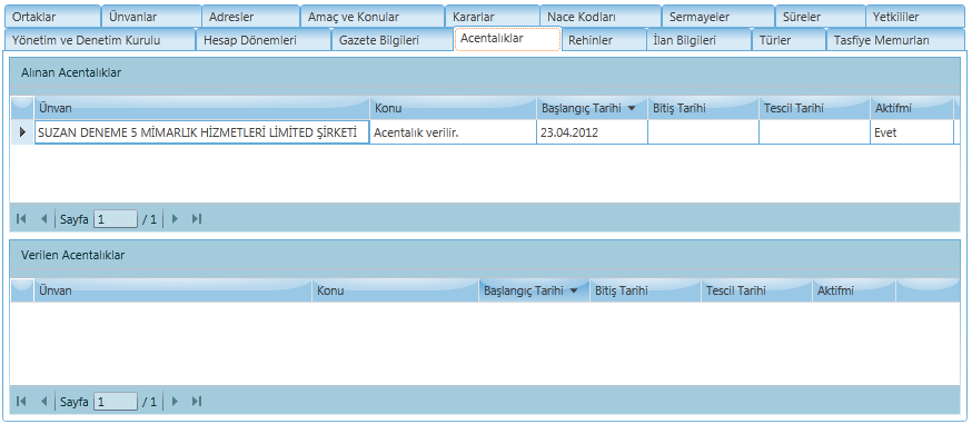 Hesap dönemleri sekmesi altında seçilen firmanın hesap dönemi başlangıcı, hesap dönemi bitişi, aktif mi, ilk ve son tescil bilgilerini görüntüleyen alanlar bulunmaktadır.
