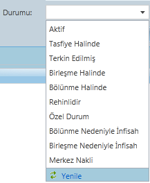 Durumu açılır kutucuğunda aktif, tasfiye halinde, terkin edilmiş, birleşme halinde, bölünme halinde,