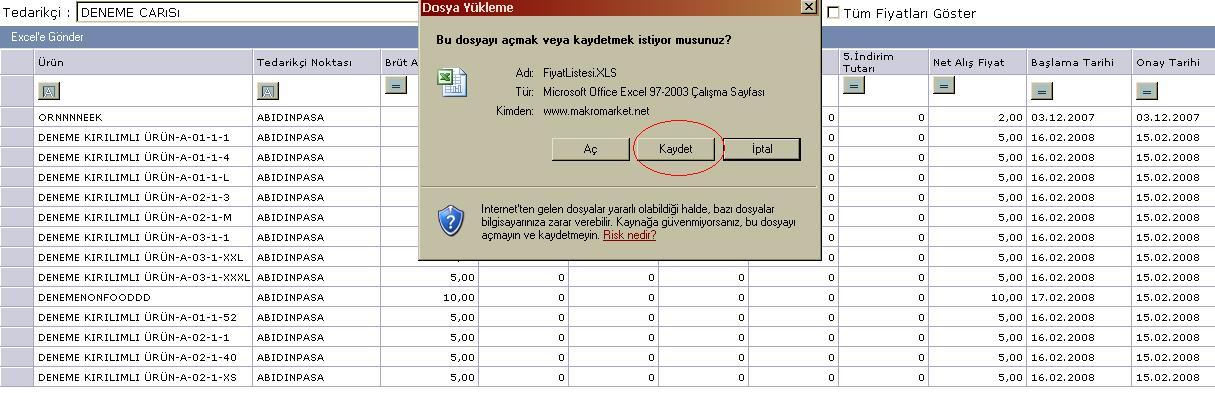 - Ekranı sol üst köşesinde bulunan EXCEL E GÖNDER butonu ile ekranda bulunan fiyat listesi sayfa sayfa görüntülenir.