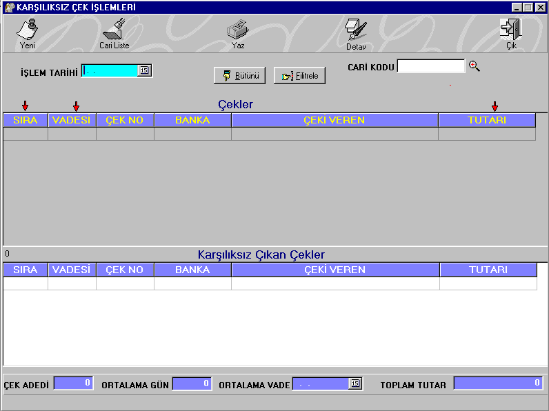 ÇEK NO : Çıkışı yapılan çekin numarasıdır TUTARI : Girişi yapılan çekin üzerinde yazılı olan tutardır Borç Çekleri Karşılıksız Çıkan Çeklerimiz Çıkış yaptığımız çekler bazı durumlarda karşı tarafa