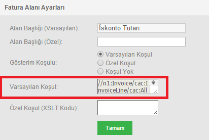 Örneğin İskonto Tutarı nın Varsayılan Koşul u var. Bu sayede bu sütun sadece iskonto tutarı verisi içeren faturalarda görüntülenir. İskonto girilmediyse fatura üzerinde iskonto kolonu görüntülenmez.