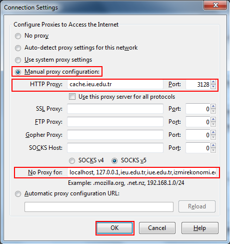 1.4. Options penceresinin altında bulunan alandan Network sekmesine tıklayarak aktive olan alandan Settings butonuna tıklayınız (Şekil 3). Şekil 4 1.5.