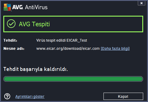 AVG'nin EICAR test dosyasini virüs olarak algilamamasi halinde program yapilandirmasini yeniden kontrol etmeniz gerekir! 4.5.