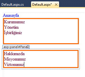 3. Web formumuza iki adet menü kontrolü ve iki adette Panel kontrolü ekleyip formumuz aşağıda görüldüğü şekilde tasarlıyoruz. 4. Formumuzun ilgili bölümlerine aşağıdaki kodları yazıyoruz.