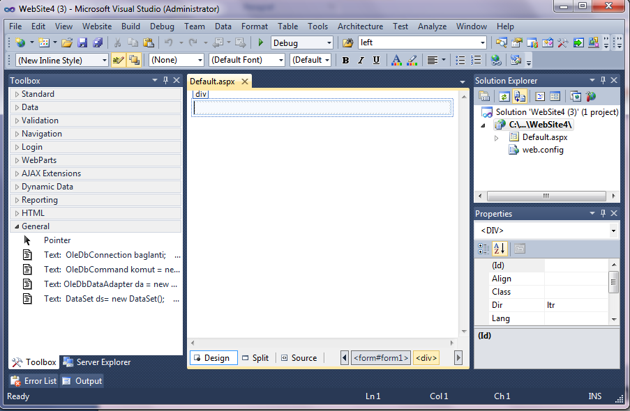 Şimdi Bu web formumuza ait Visual Studio Penceresi genel özellikleri ile inceleyelim: 1.