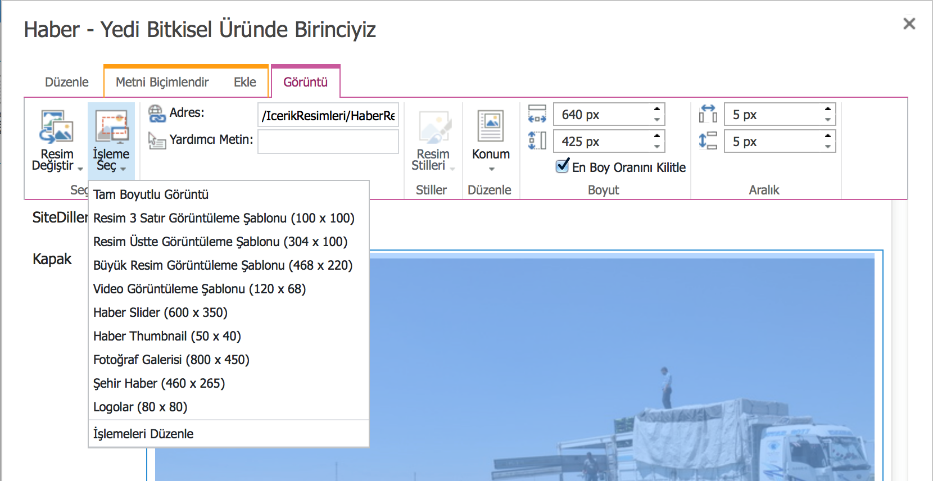 Bir liste öğesi oluşturulurken veya düzenlenirken metin girme alanlarında açılan Ekle Araç Çubuğu Tablo : Seçili alana tablo eklemeyi sağlar. Resim : Seçili alana resim eklemeyi sağlar.