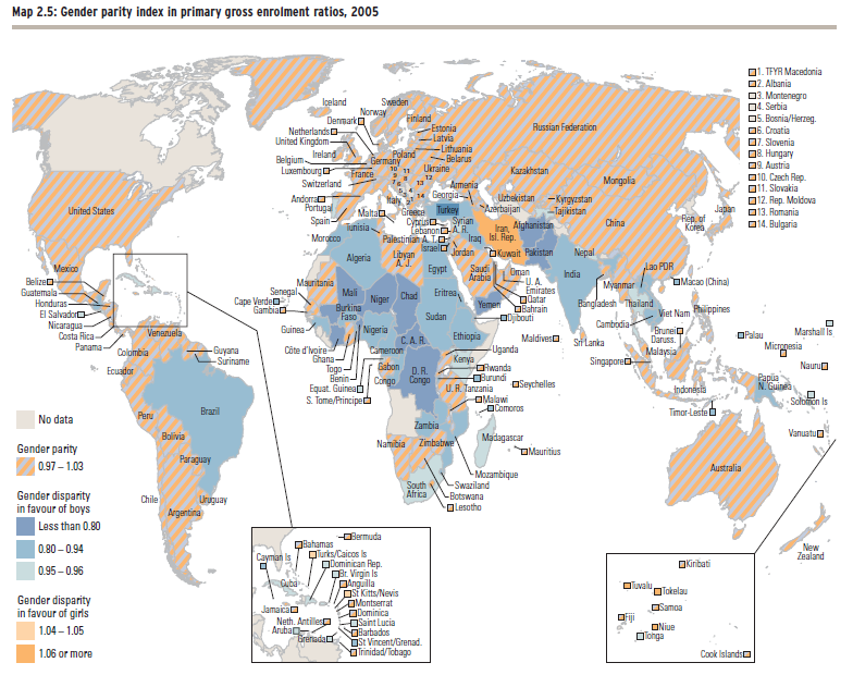 Harita 2,5 te cinsiyet eşitliği endeksi ilköğretim brüt kayıt oranları 2005 yılı verileri bulunmaktadır. Haritaya göre cinsiyet eşitliği endeksi 0.97-1.03 arasındadır. Türkiye de bu oran 0.90-0.