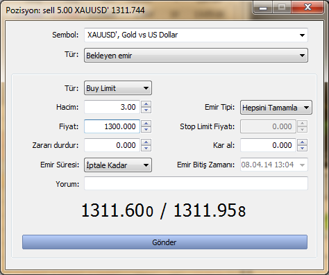 Şimdi de Satış yönlü bir pozisyonu kısmi olarak Zararı Durdur ve Kar Al seviyelerinde kapatmak için Bekleyen Emirler verelim: Örnek: 5 lot XAUUSD Satış yönlü ve 1311.