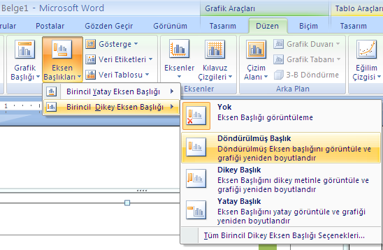 Çizelge Görünümü Değiştirme Veri ve eksen başlıklarını değiştirmek için; çizelge seçilir, grafik araçları (chart