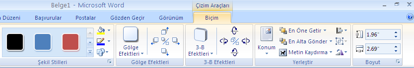 Şekilin Boyutunu Değiştirmek Şekil seçilir ve şeklin yanında çıkan kutu ile boyut elle