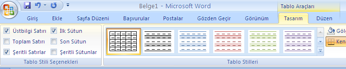 Tablo Biçimlendirme Tablo sitilini oluşturmak için; tabloya tıklanır ya da