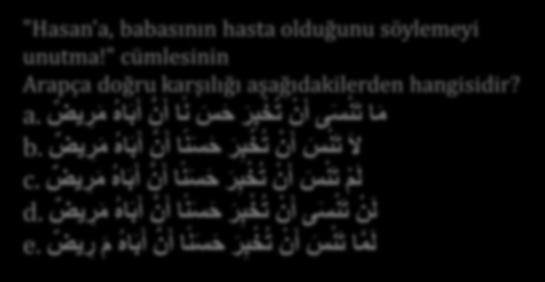 "O yaşlı değildir" cümlesinin Arapça doğru karşılığı aşağıdakilerden hangisidir? لم ي ك ن م س ن ا.a ل ست م س ن ا.b ه و م س ن.c إ ن ه م س ن.d ل يس م س ن ا.