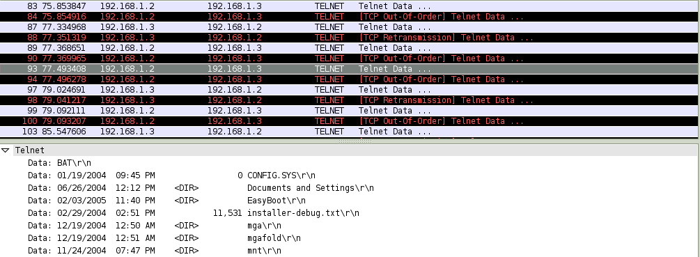 Saldırgan halihazırda kurulmuş olan telnet oturumunu görmek için ilgili makinalara ait trafiği gösterecek şekilde filtre dizisini yazar.(ip.addr eq 192.168.1.2 and ip.addr eq 192.168.1.3).