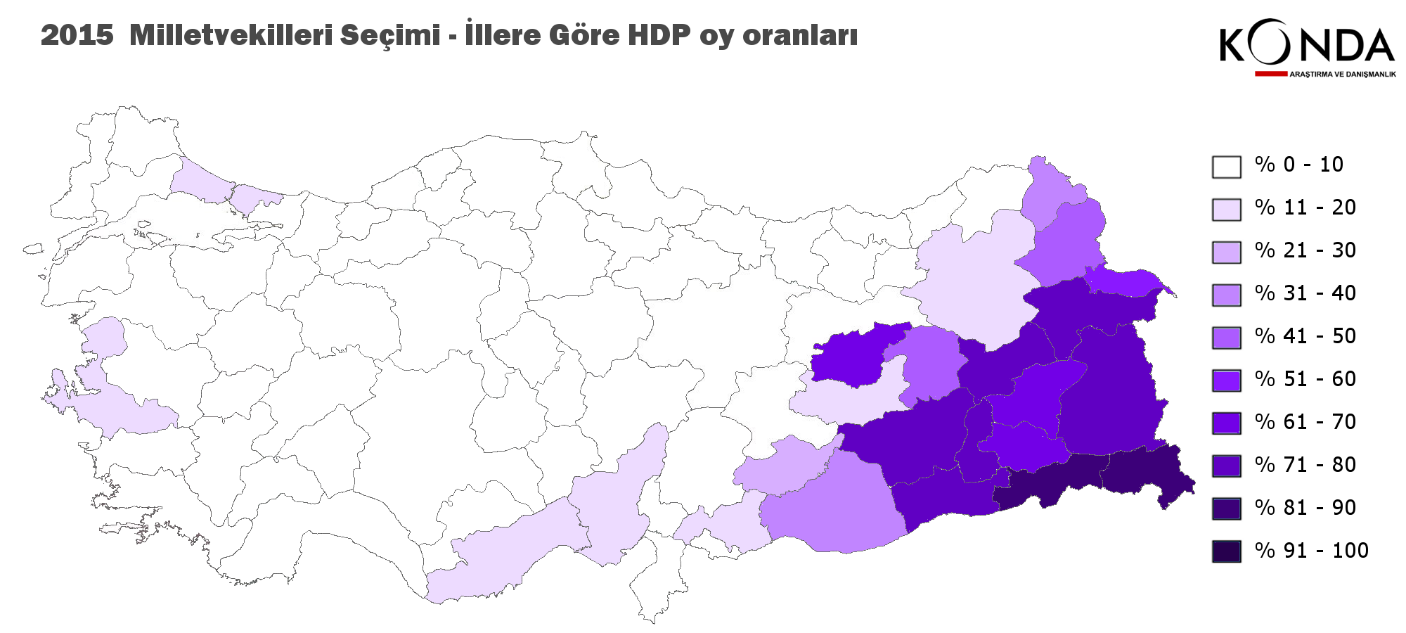 Genel seçimlere ilk defa parti olarak katıldığı için HDP nin 0 sonrası oy değişimi için farklı haritalardan faydalanmak gerekiyor.