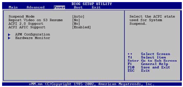 4.5 Power menu Power menü m addeleriacpi (Advanced Configuration and Power Interface) ve APM (Advanced Power Management) özellikleriniayarlam aya izin verir. 4.5.1 Suspend Mode [Auto] Sistem askıdayken ACPI (Advanced Configuration and Power Interface) durum unu seçm eye izin verir.